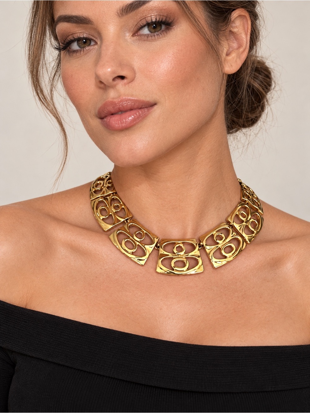 Vintage Gold Tone Geometric Statement Necklace Openwork Panel Collar